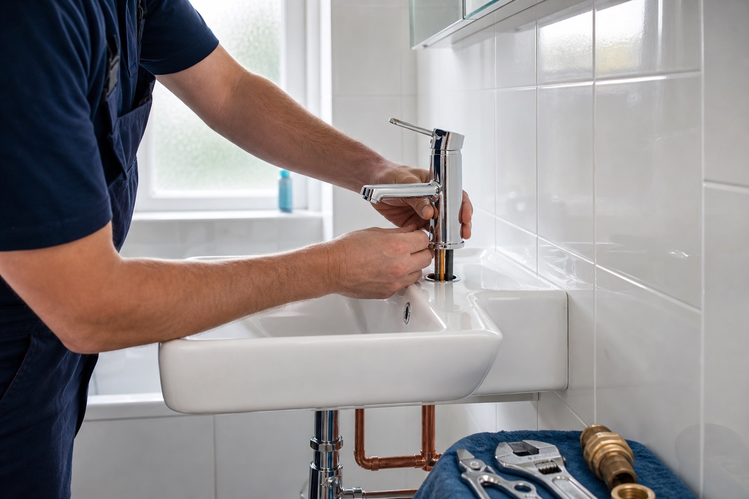 Plumber installing a chrome basin tap